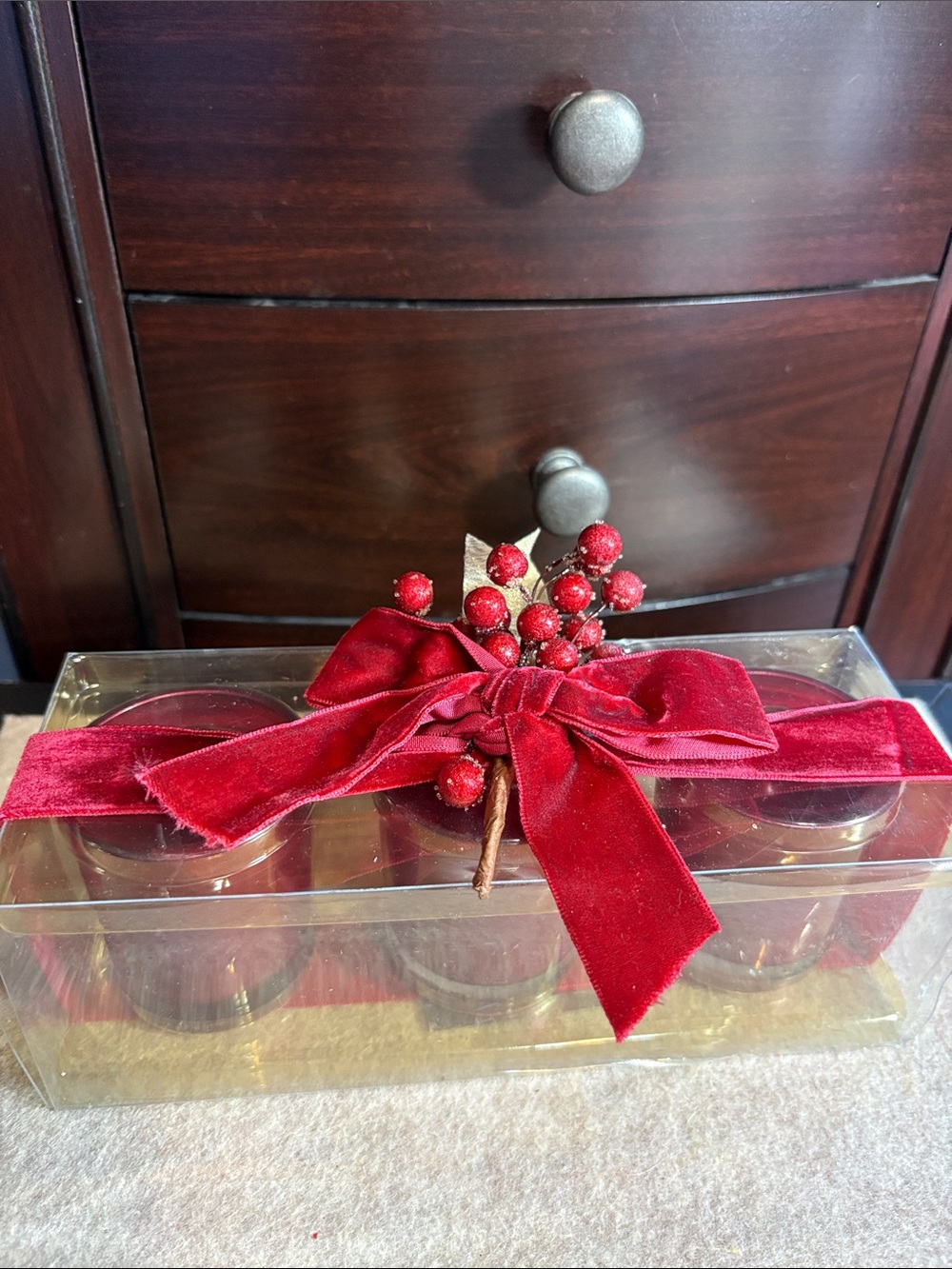 Burgundy Velvet Bow 3 Candle Set - Home Accents